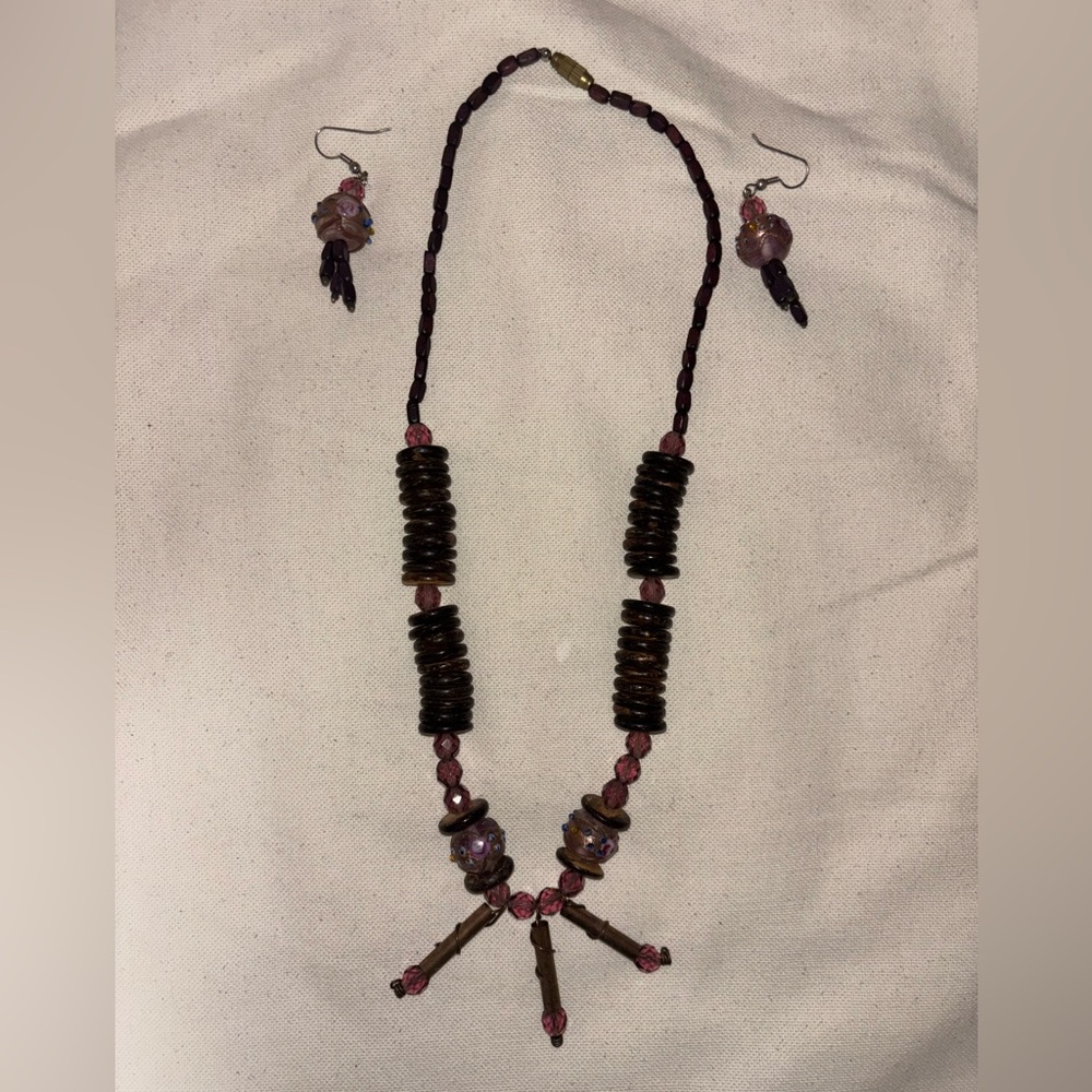 Art Jewelry Necklace and Earrings Wood Copper Faceted Glass Painted Glass